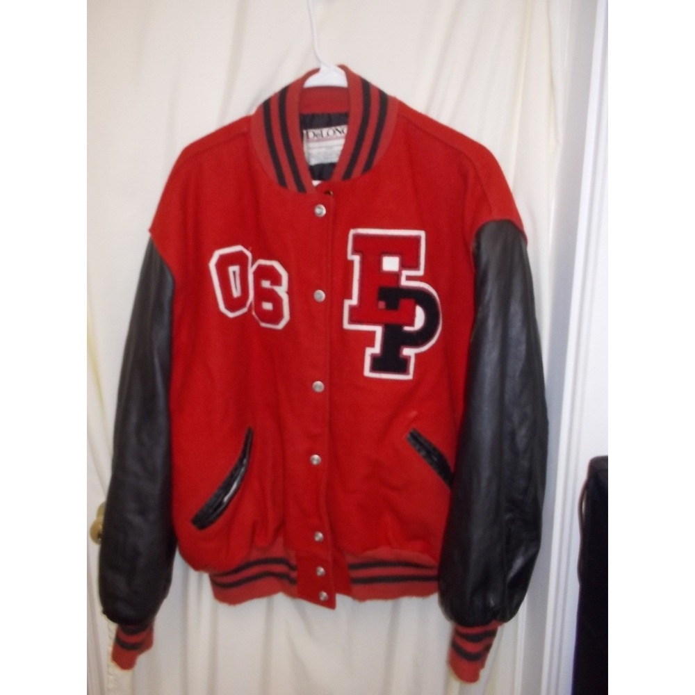 Vintage DeLONG Varsity Jacket Red Wool Black Leather Sleeves Erie Redell Mens XL